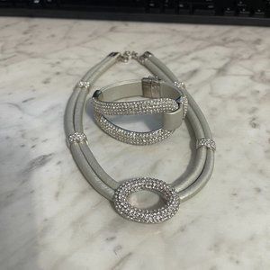 Silver leather and crystal necklace and matching bracelet